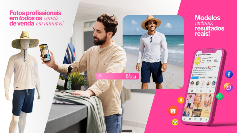 Com o FotoModel, você cria imagens de pré-venda com modelos virtuais realistas, antes mesmo de produzir.