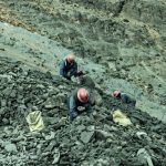 Trabalhadores usando capacetes recolhem pedras em uma pedreira vista de cima.